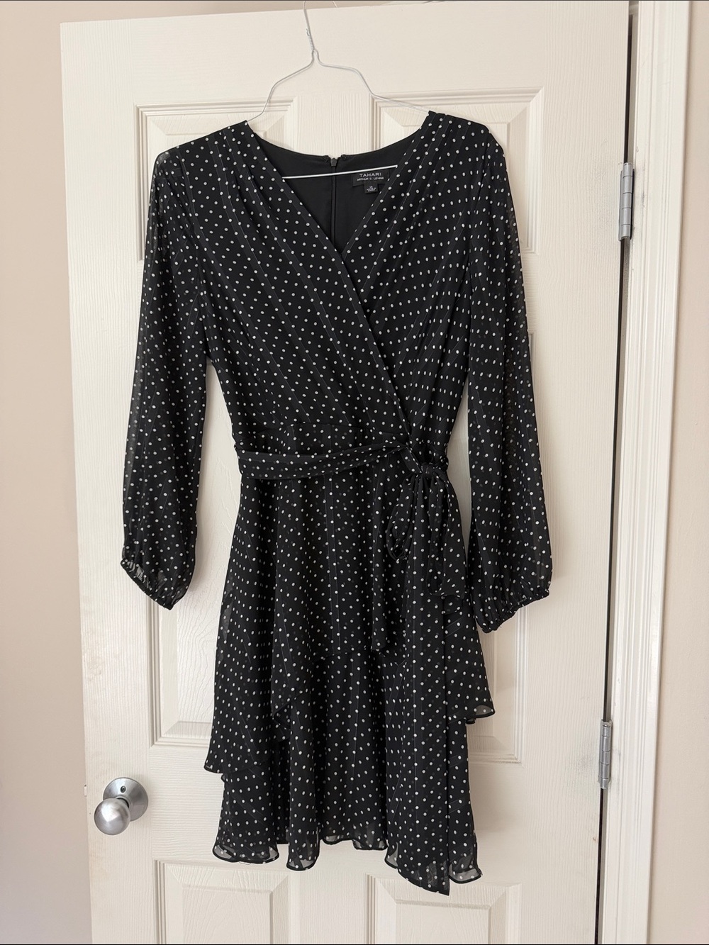 Black Polka Dot Long-Sleeve Wrap Dress with Tie Waist